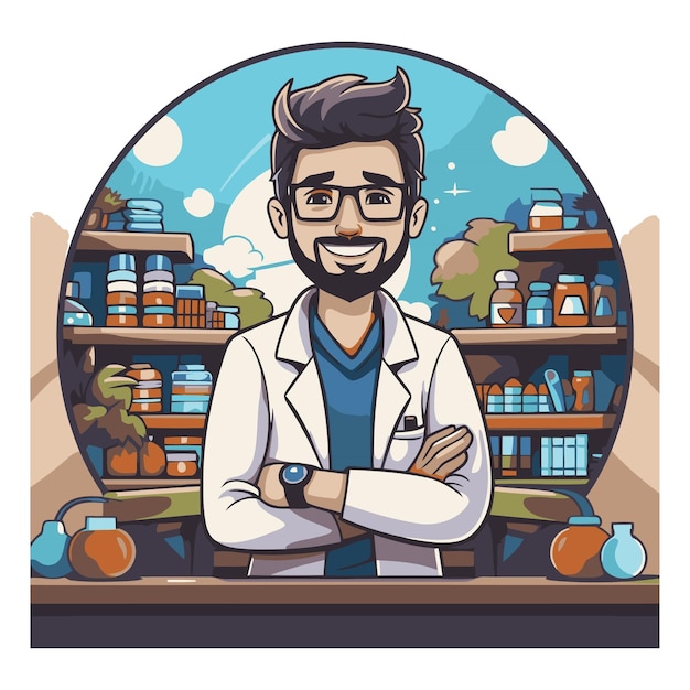 Plik wektorowy ilustracja wektorowa z kreskówką męskiego farmaceuty stojącego w aptece
