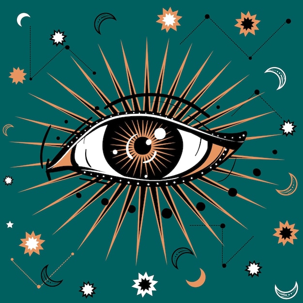 Ilustracja wektorowa z symbolem oka Allseeing Niebiańskie tło Styl retro i boho