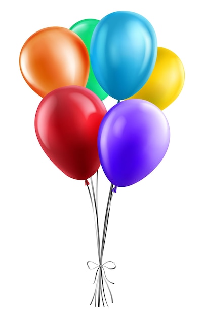 Ilustracja wektorowa z sześcioma balonami w różnych jasnych kolorach na białym tle Balony są związane ze sobą prostymi wstążkami, które tworzą łuk na dole Idealne dla projektów imprez lub wydarzeń