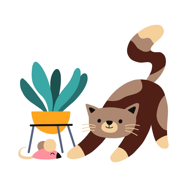 Plik wektorowy ilustracja wektorowa zabawnego, zabawnego kota polującego na zabawkową mysz