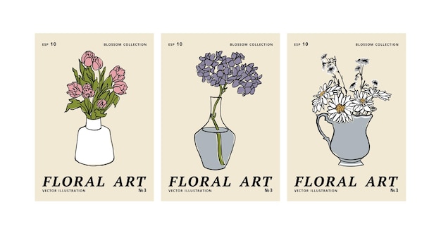 Ilustracja Wektorowa Zestaw Atramentowych Plakatów Kwiatowych Z Różnymi Kwiatami I Wazonem Sztuka Dla Wydruków ściennych Transparent Tło