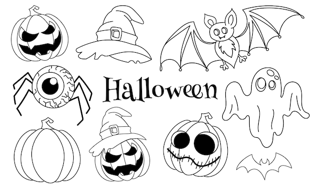 Ilustracja wektorowa zestaw Halloween. Gost, nietoperz, dynia, kapelusz wiedźmy i pajęcze oko doddle halloween
