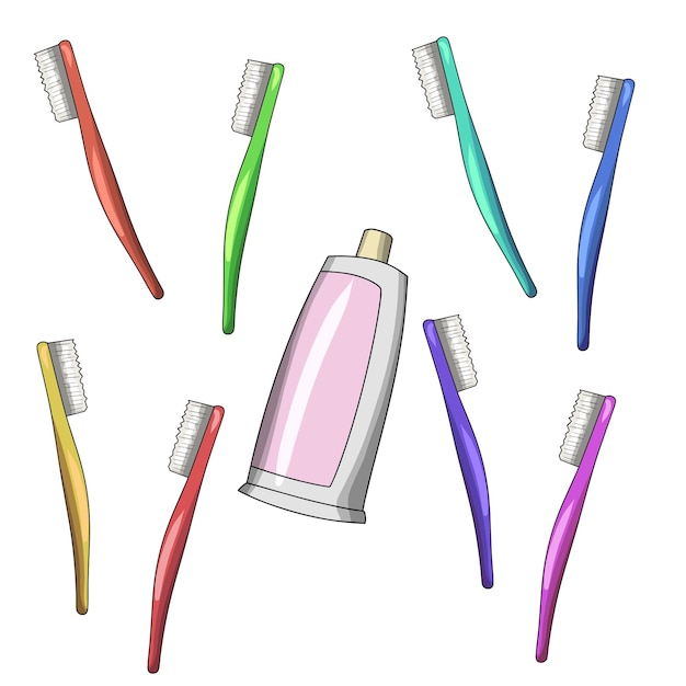 Plik wektorowy ilustracja wektorowa zestaw kolorowych szczoteczek do zębów i tubka pasty do zębów w stylu kreskówki