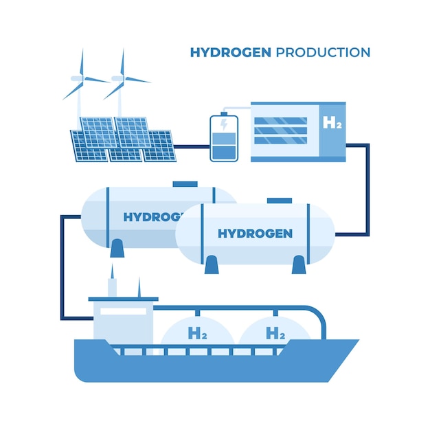 Ilustracja wektorowa zestawu do produkcji wodoru Kreskówka na białym tle infografiki zielonej technologii innowacji Stacja elektrolizy H2 do wytwarzania energii i transportu zbiornika magazynującego wodór