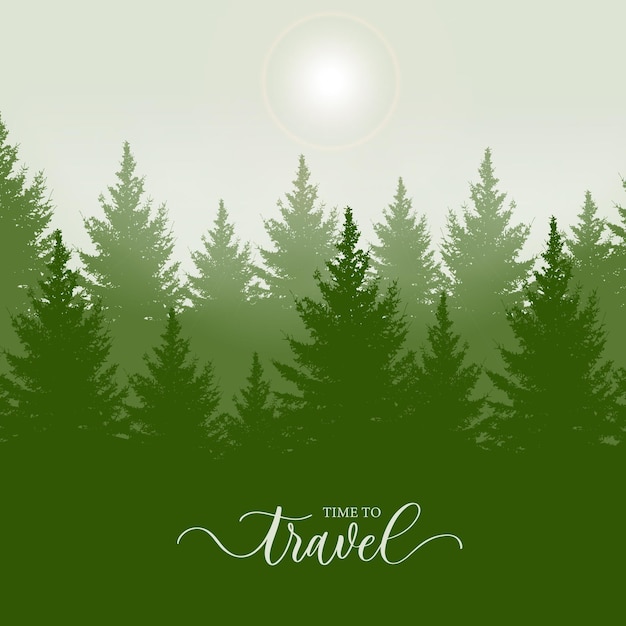 Ilustracja wektorowa zielonego lasu iglastego czas podróży napis napis