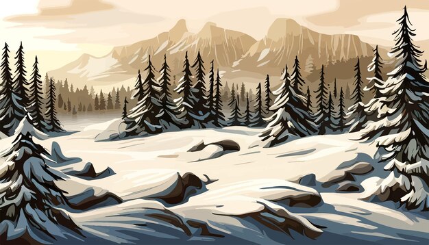 Plik wektorowy ilustracja wektorowa zimowy krajobraz górski z sosnami i górami
