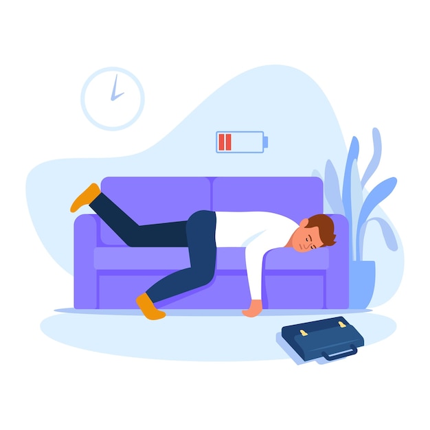 Plik wektorowy ilustracja wektorowa zmęczonego człowieka scena kreskówkowa z mężczyzną, który był zmęczony w pracy i zawalił się na kanapie i zasnął na białym tle
