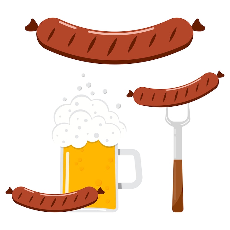 Wektor ilustracja wektorowa żywności płaska konstrukcja zestaw kiełbasa, kiełbasa na widelec, kiełbasa ze szklanką piwa ikona na białym tle.