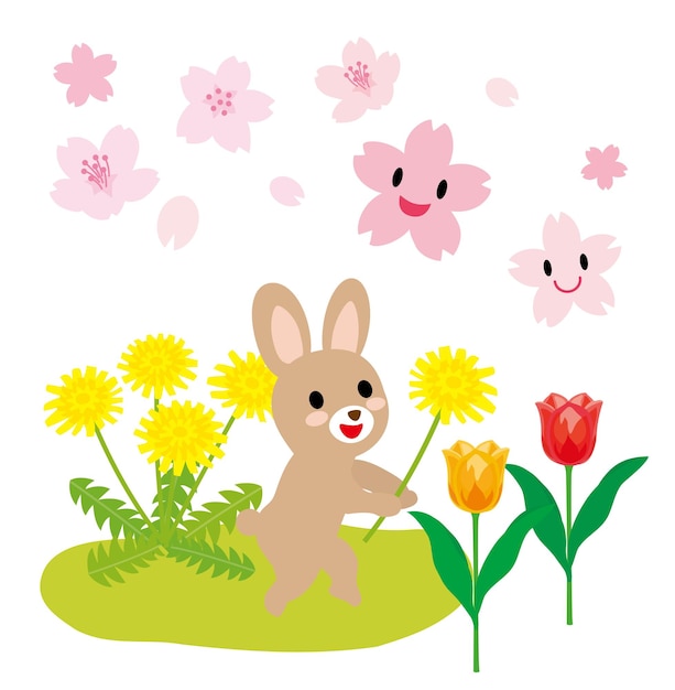 Plik wektorowy ilustracja wiosna królik, wiśniowe kwiaty, tulipany i mniszek lekarski.