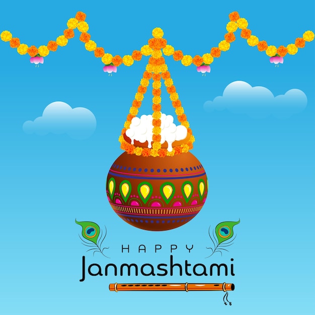 ilustracja wiszącego dahi handi na tle Janmashtami