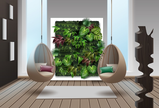 Plik wektorowy ilustracja wnętrza z pionowym ogrodem i wiszącymi krzesłami z wikliny