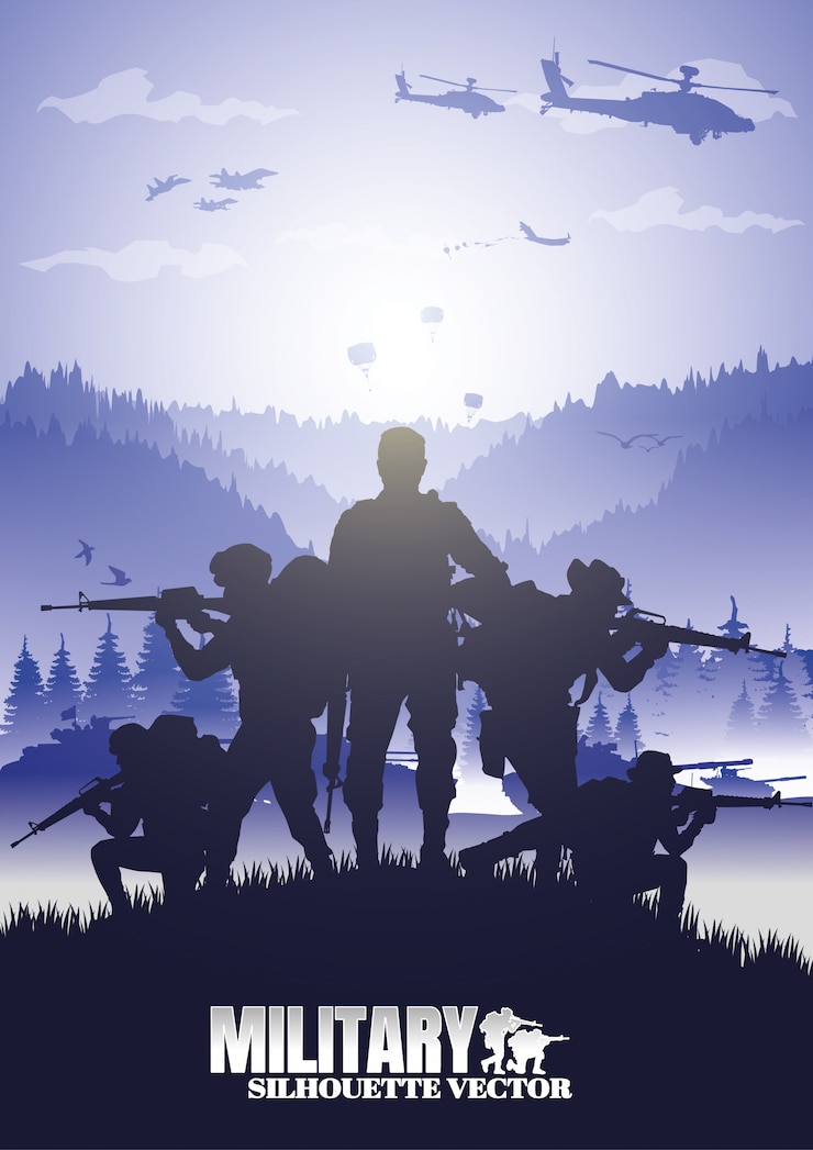 Wektor ilustracja wojskowa, tło armii, sylwetki żołnierzy.