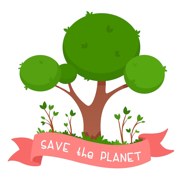 Ilustracja wspierająca ochronę środowiska. Duże zielone drzewo i różowa wstążka z napisem „Save the Planet”. pojęcie zagadnień środowiskowych.