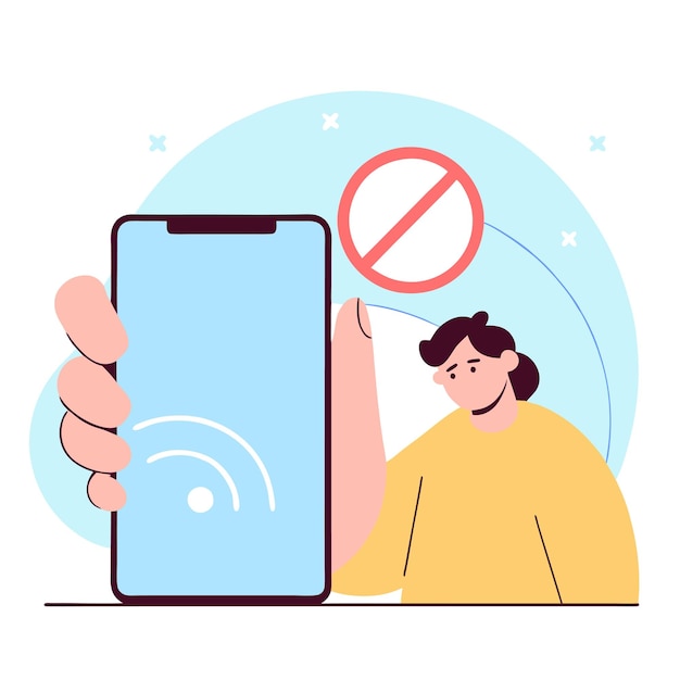 Ilustracja z kreskówki przedstawiająca osobę wyłączającą Wi-Fi na smartfonie