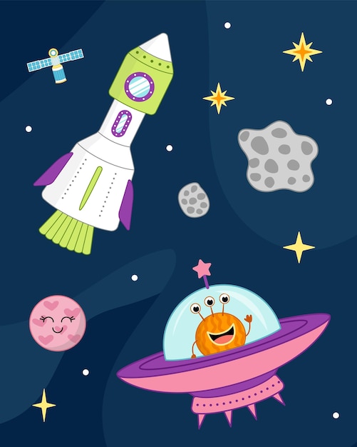 Ilustracja z rakietą kosmiczną ufo, potworem kosmicznym, planetą meteorytyczną, wektorem kreskówki