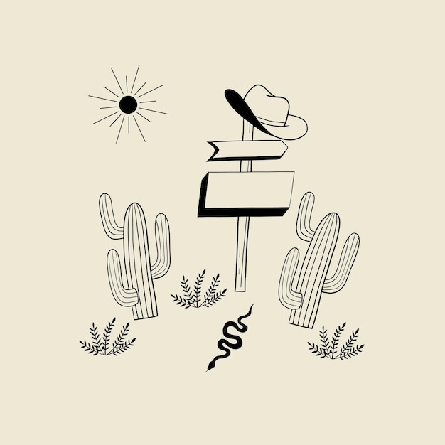 Plik wektorowy ilustracja z szyldowymi deskami drogowymi, kowbojskim kapeluszem, kaktusem, krzakiem, słońcem i wężem