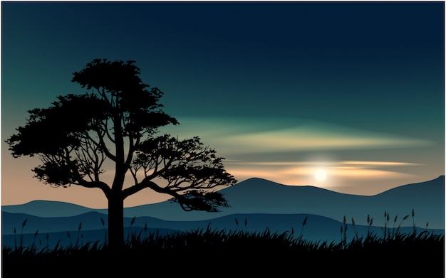 Plik wektorowy ilustracja zachód słońca z górą i drzewem