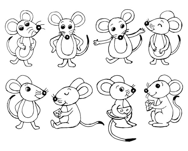 Plik wektorowy ilustracja zestaw ręcznie rysowanych konturowych zabawnych myszy