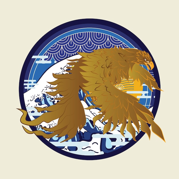 Plik wektorowy ilustracja złoty orzeł z japońskim tłem