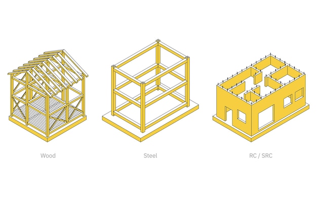 Plik wektorowy ilustracje ilustracji konstrukcji budowlanych ilustracje izometryczne drewnianego betonu zbrojonego ze stali i betonu zbrojonego ze stali
