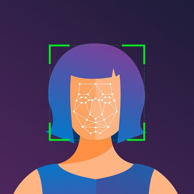 Plik wektorowy ilustracje koncepcja technologii rozpoznawania twarzy obecna z portretem zbliżenie do twarzy człowieka do skanowania. dla wydawcy lub magazynu banerowego. zilustrować.
