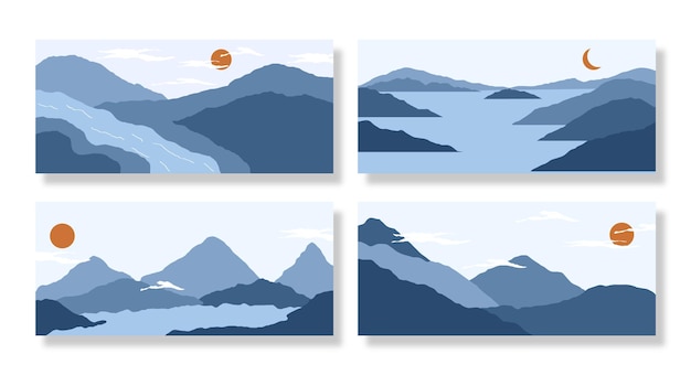 Ilustracje Krajobrazu Abstrakcyjne. Minimalistyczny Design Gór, Słońca, Księżyca, Zachodu Słońca, Pustyni I Wzgórz