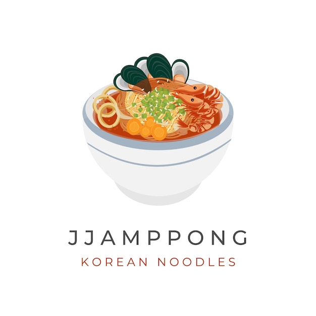 Ilustracyjne Logo Koreańskiego Pikantnego Makaronu Jjampong Z Owocami Morza I Warzywami