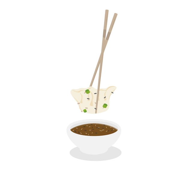 Plik wektorowy ilustracyjne logo pierogów gyoza jiaozi gotowe do spożycia pałeczkami maczanymi w sosie sojowym