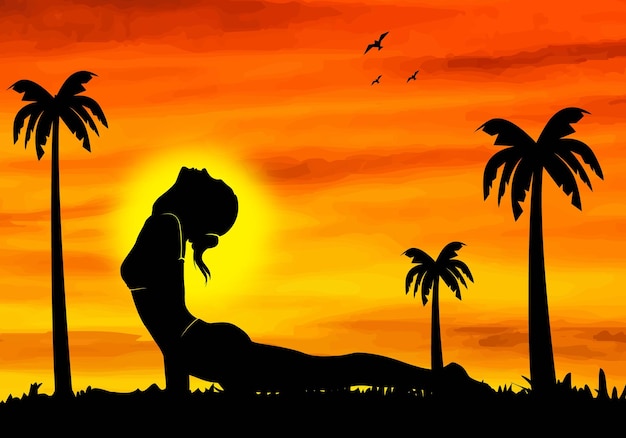Plik wektorowy ilustrowane tło zachodu słońca z sylwetką jogi