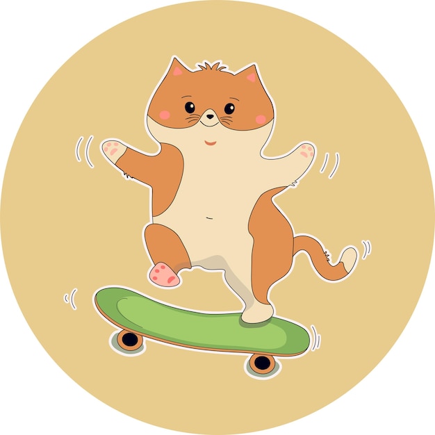Imbirowy kot jedzie na deskorolce Wesoły kreskówka sportowy kotek Naklejka Drukuj ilustracja wektorowa Pojedyncze tłox9
