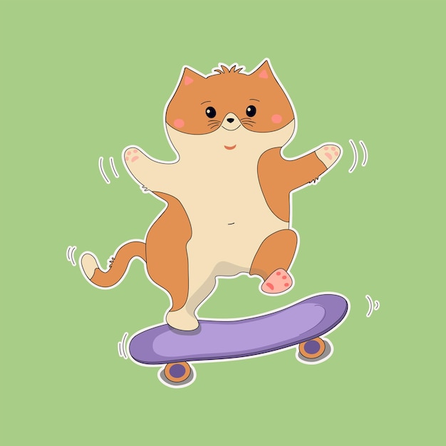 Imbirowy kot jedzie na deskorolce Wesoły kreskówka sportowy kotek Naklejka Drukuj ilustracja wektorowa Pojedyncze tłox9