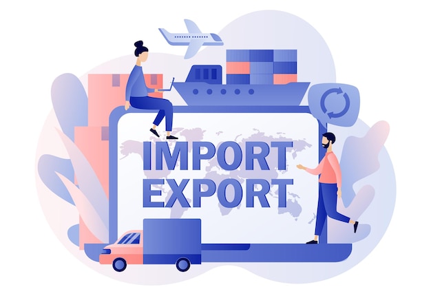 Importuj I Eksportuj Tekst Na Ekranie Laptopa Globalny Handel Logistyka Drobni Ludzie Sprzedają Towary