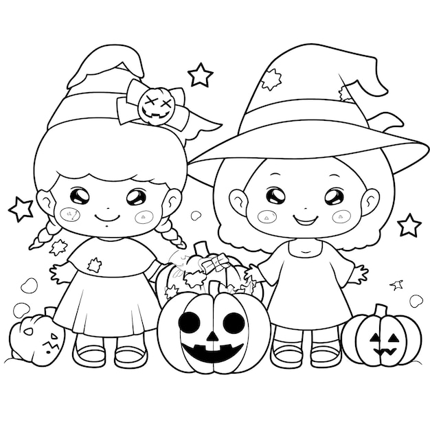 Plik wektorowy impreza halloween dla dzieci czarno-biała kolorowanka dla dzieci i dorosłych grafika liniowa prosty styl kreskówkowy, szczęśliwy, ładny i zabawny