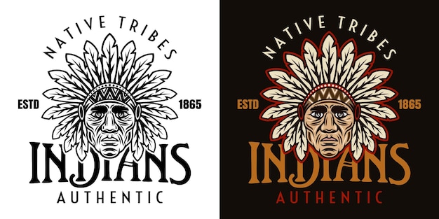 Plik wektorowy indianie plemiona rdzennych amerykanów wektor vintage emblemat etykieta odznaka lub logo z szefową ilustracją głowy w dwóch stylach czarno na białym i kolorowym na ciemnym tle