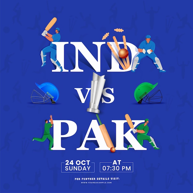 Indie Vs Pakistan Mecz Pokaż Z Cricket Players I Wygrywając Srebrny Puchar Trofeum Na Niebieskim Tle.