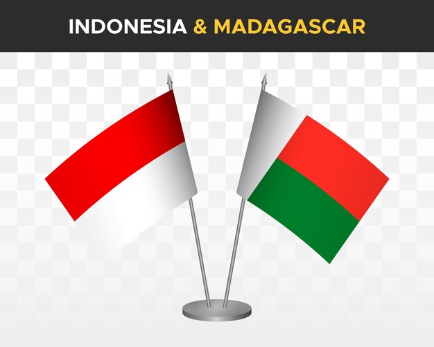 Indonezja Vs Madagaskar Flagi Biurkowe Makieta Na Białym Tle 3d Wektor Ilustracja Flagi Stołowe