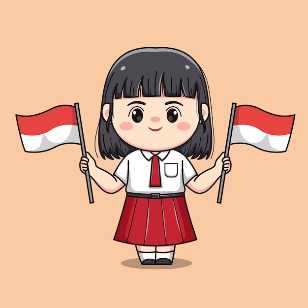 Indonezyjska Uczennica Szkoły Podstawowej Trzymająca Flagę Urocza Postać Dziewczyny Z Kawaii