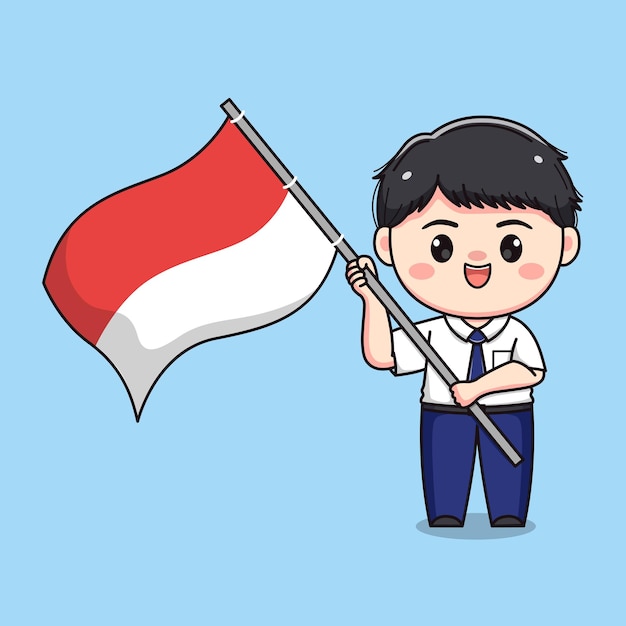 Plik wektorowy indonezyjski uczeń gimnazjum trzymający flagę, uroczy chłopiec z kawaii