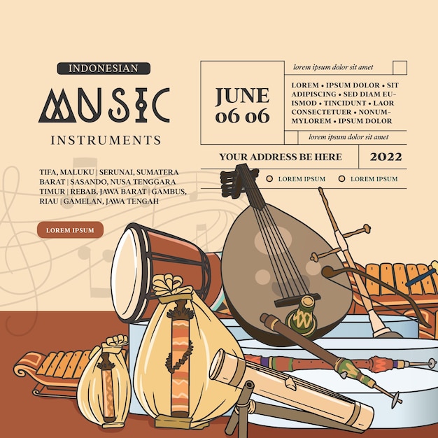 Indonezyjskie Instrumenty Muzyczne Ręcznie Rysowane Ilustracji Wektorowych Szablon Postu W Mediach Społecznościowych