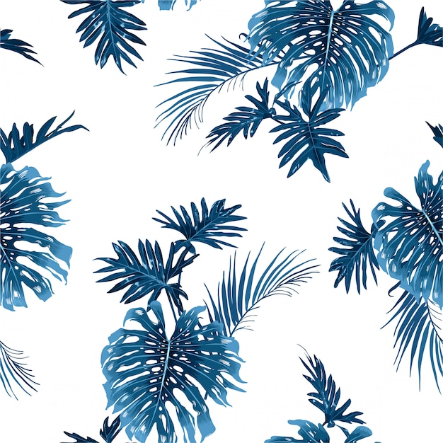 Indygo Niebieski Bez Szwu Ręcznie Rysowane Wzór Liści Tropikalnych Z Egzotycznych Roślin Botanicznych Dżungli