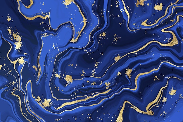 Indygo niebieski płynny marmurkowy akwarelowy tło ze złotymi brokatowymi liniami