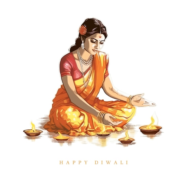 Indyjska Kobieta Oświetla Lampy Na Festiwal Diwali Ilustracja Wektorowa Na Diwali