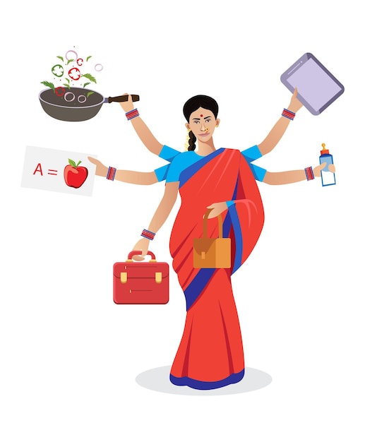Plik wektorowy indyjska kobieta wielozadaniowa równoważąca życie wieloma rękami