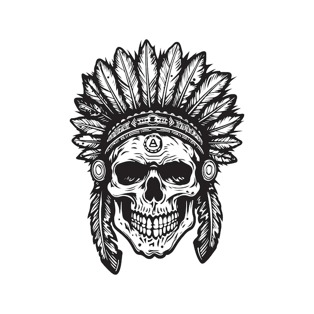 Indyjski czaszka logo koncepcja czarno-biały kolor ręcznie rysowane ilustracja