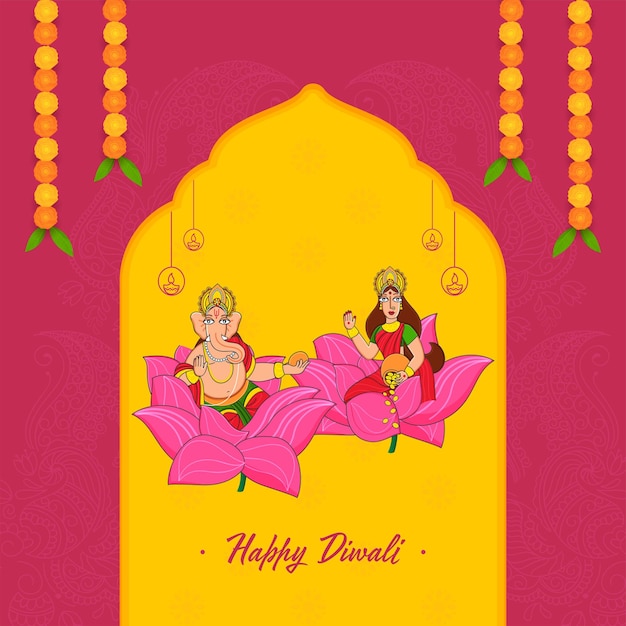 Indyjski Festiwal Happy Diwali Koncepcja Obchodów Z Lordem Ganeshą I Boginią Lakshmi