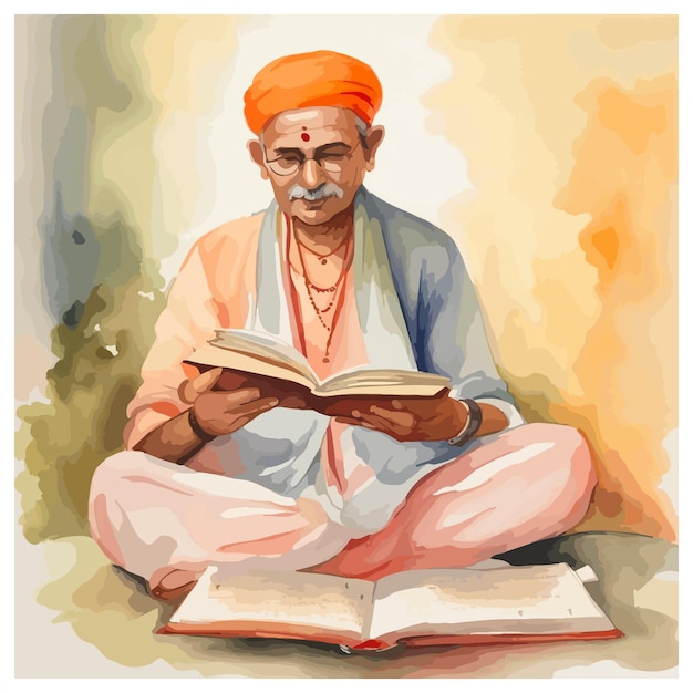 Plik wektorowy indyjski ksiądz wykonujący rytualne recytowanie mantr ilustracji wektorowych akwarela