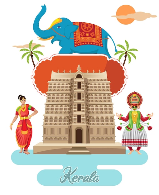 Plik wektorowy indyjski projekt kerala południowoindyjska świątynia z tradycyjnym kathakali i bharatnatyam tancerz wektor