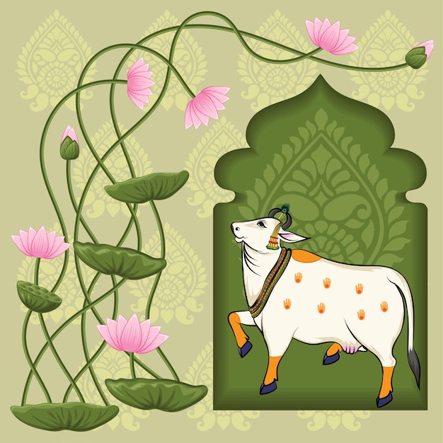 Plik wektorowy indyjski tradycyjny rajasthani malowanie krowa w pobliżu łuku lotosu