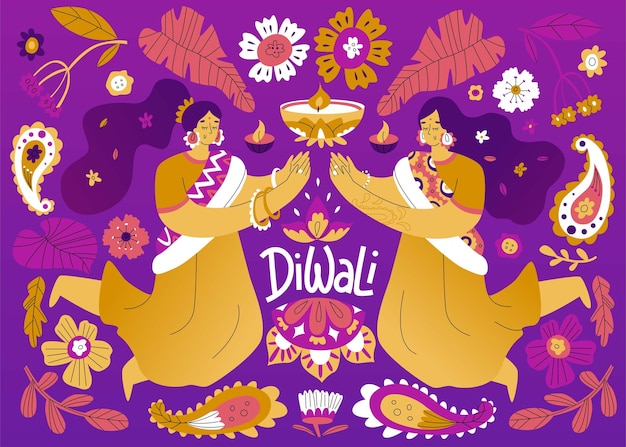 Indyjskie święto Diwali Projekt Z Kwiatami, Kobietami W Strojach Narodowych I świecami Narodowe Indyjskie Wzory I Mandale Ilustracja Wektorowa W Stylu Kreskówki