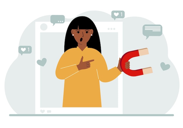 Plik wektorowy influencer mediów społecznościowych kobieta trzyma magnes w ramce profilu społecznościowego różne ikony wektorowa ilustracja płaska